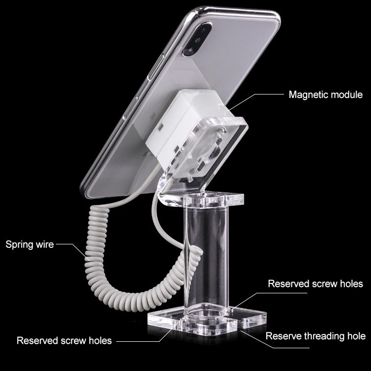 Universal mobile phone anti-theft display holder with magnetic module, spring wire, and screw holes