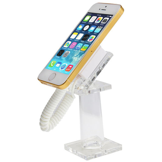 Universal mobile phone anti-theft display holder with clear stand and white coiled cable