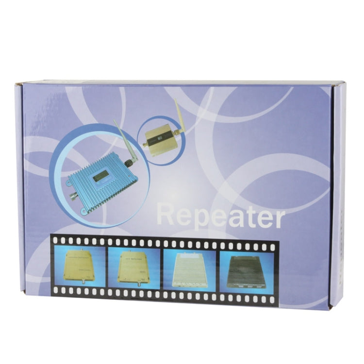 Retail box for cell signal repeater booster kit with product diagram and labeled components