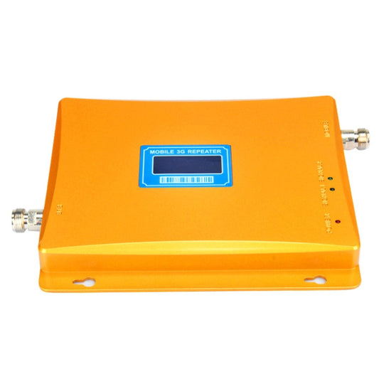 Orange signal repeater module with blue display and two metal coax connectors.