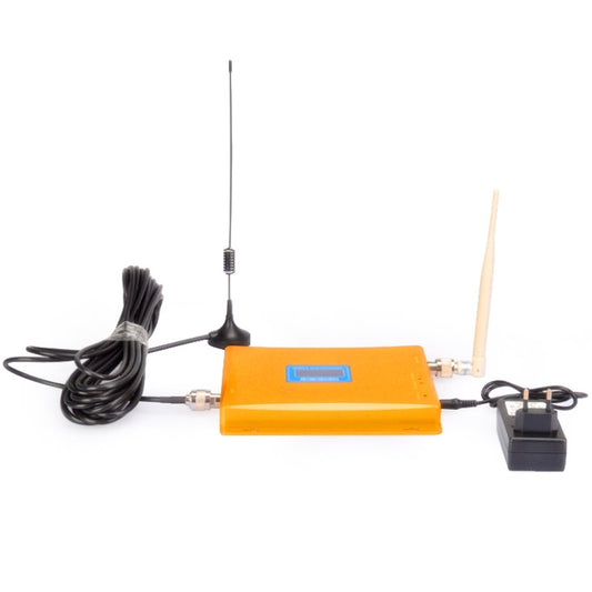 Orange mobile signal booster with blue display, wired antennas, and power adapter.