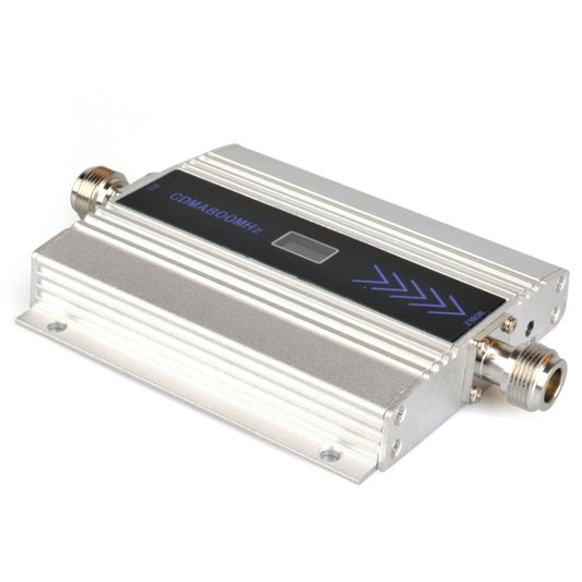 Silver 850 MHz signal booster repeater module with blue display and two RF connectors