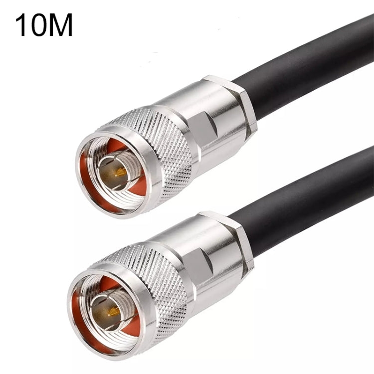 10m N male to N male coax cable, black with silver connector ends