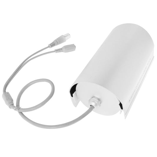 White CCTV bullet camera with two attached cables and connector plugs