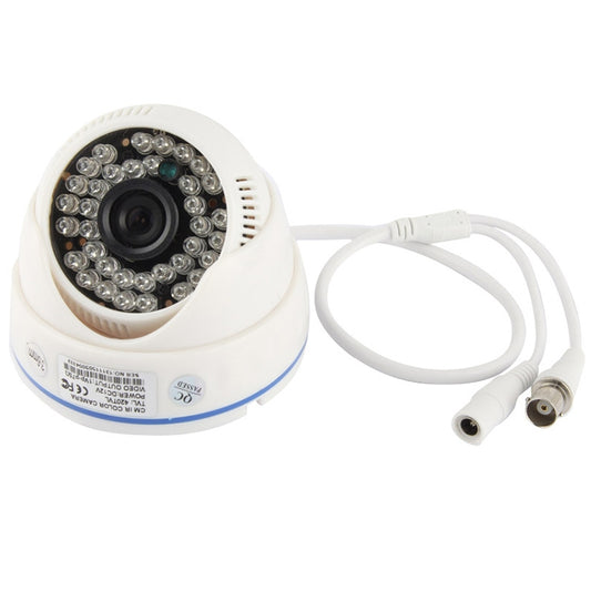 White dome security camera with attached cables and connectors