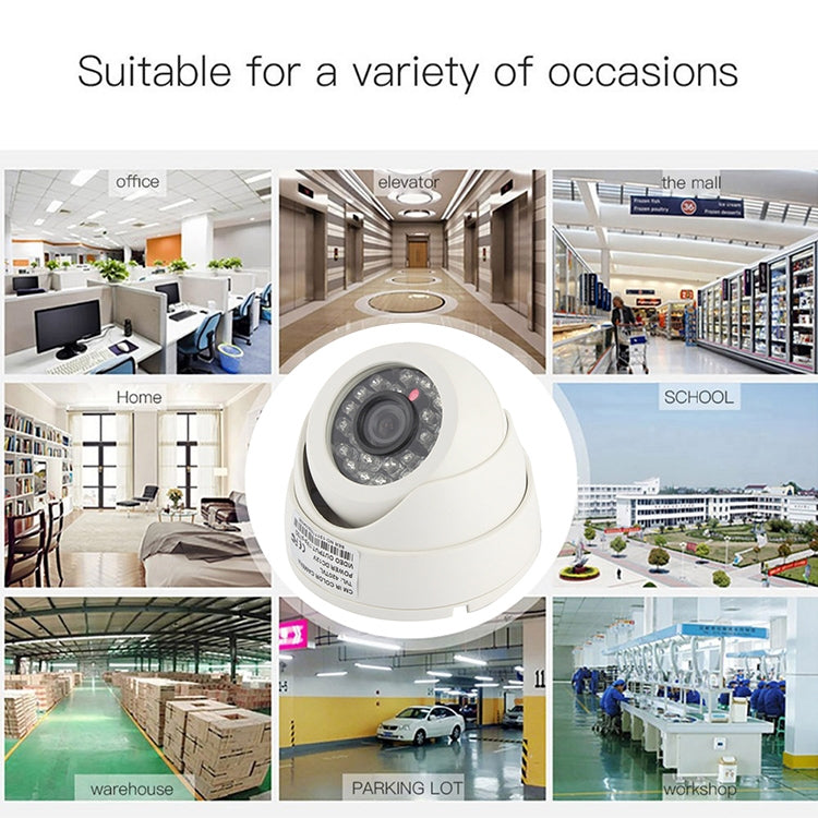 White dome security camera close-up with visible lens and IR LED ring