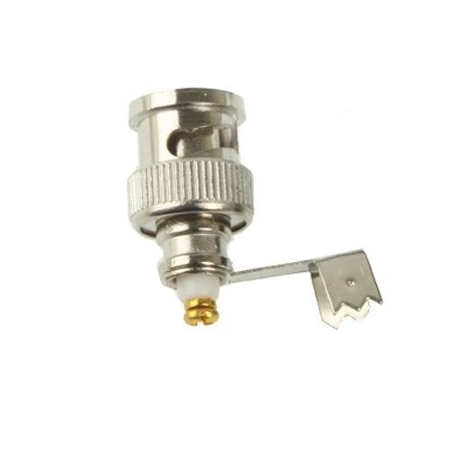 BNC male plug right-angle connector adapter with threaded metal body and gold pin