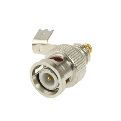BNC male plug right-angle bend connector adapter with gold center contact, metal body