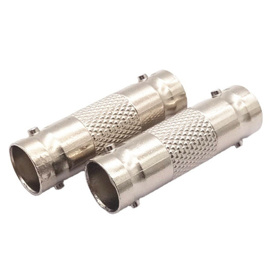 BNC inline splice with two silver cylindrical BNC jacks and knurled grip sections