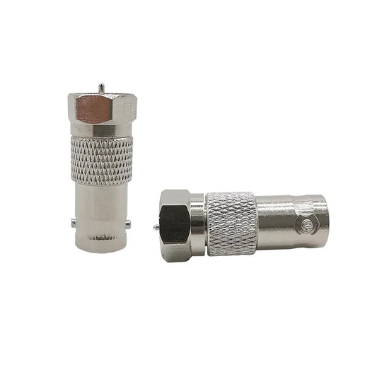 BNC jack to F plug coaxial adapter with two sides, silver metal and textured grip