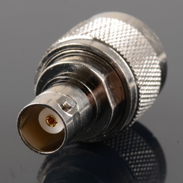 Nickel-plated UHF male to BNC female adapter, BNC face with center contact and threads