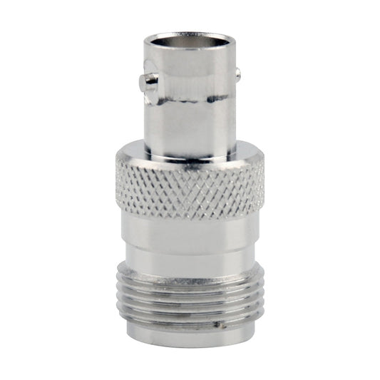 BNC to N adapter connector, front view of silver metal coupling and textured band