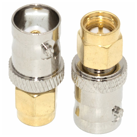 BNC to SMA adapter connector with gold SMA end, silver BNC end, and knurled grip