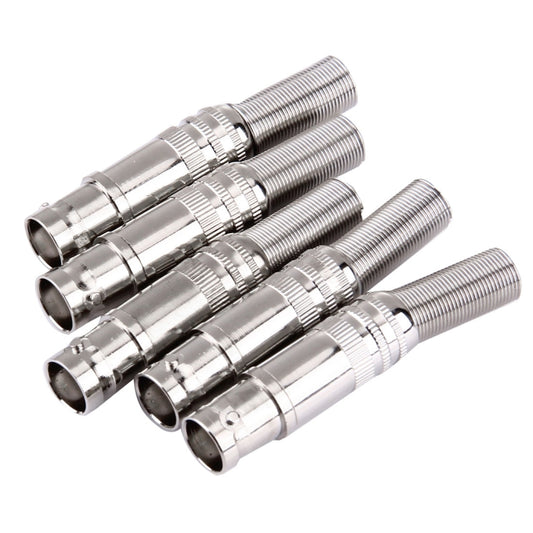 5-pack straight female BNC connectors, silver metal bodies with female socket tips
