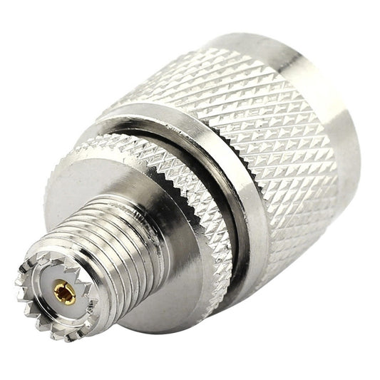 RF coaxial adapter: UHF male to mini UHF female connector, silver metal body