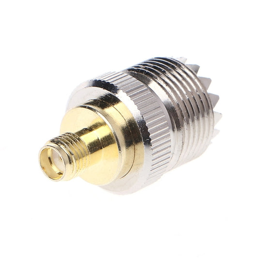 RF coaxial connector, silver body with gold center pin and threaded coupling