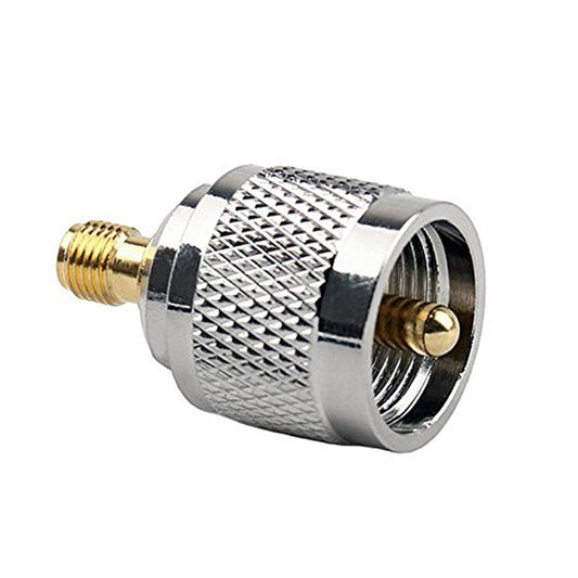 UHF male to SMA female RF coaxial adapter, silver knurled metal, gold contact