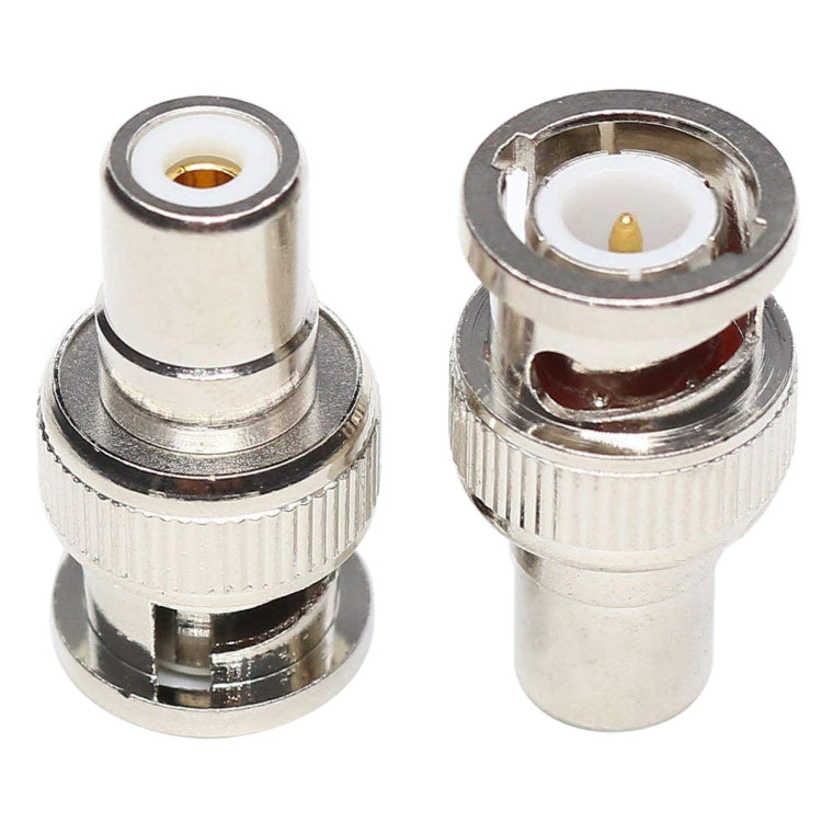 BNC male to RCA female coaxial adapter, two-end view of the metal connectors