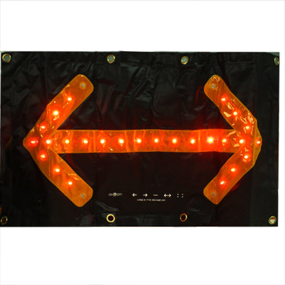 LED two-way hazard traffic arrow sign with bright red arrow lights on black fabric