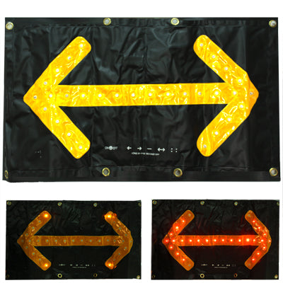 LED two-way hazard traffic arrow sign with yellow light arrows on black fabric banner