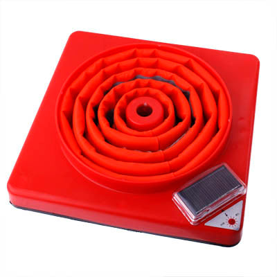 Red solar LED traffic cone base with spiral reflector and small clear lens