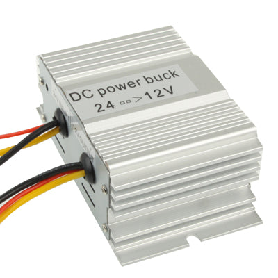 24V to 12V DC step-down power buck transformer, silver metal case with terminal wires