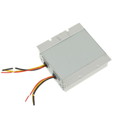 DC 24V to 12V power buck converter with multi-color wire leads, ribbed metal case