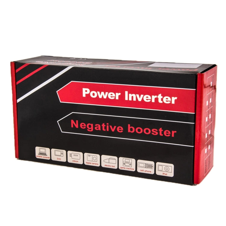 Power inverter negative booster retail box with red and black branding graphics