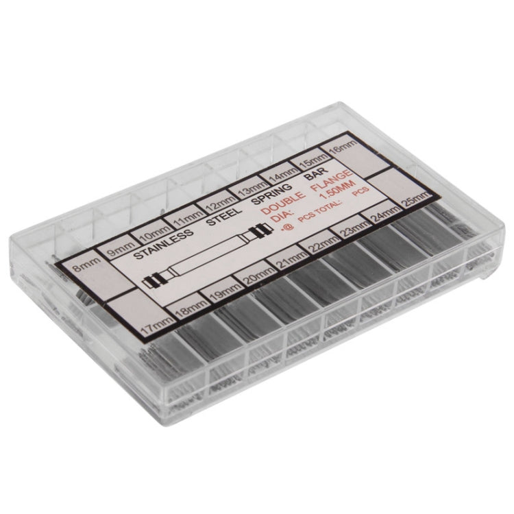 Labeled 8–25mm spring bar assortment in clear case for watch band repairs
