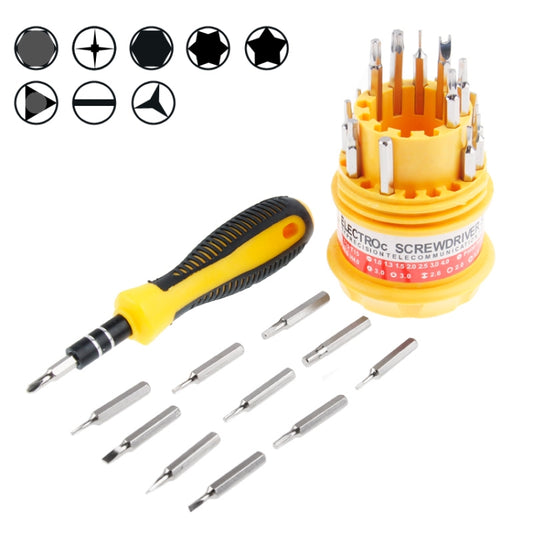 Yellow precision screwdriver handle with multiple steel bits and bit holder