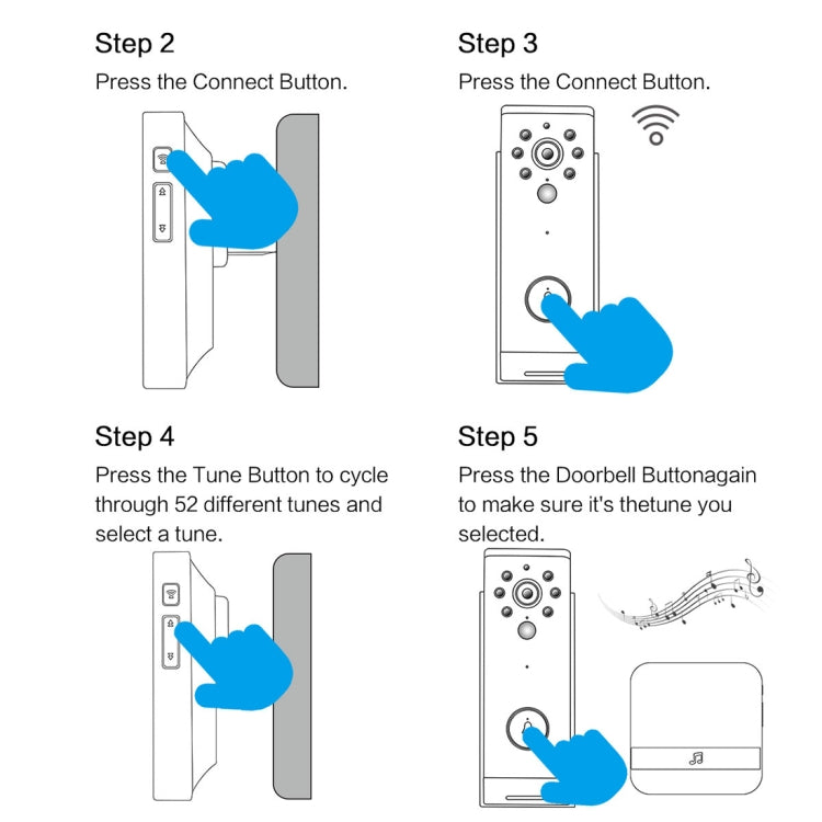 Wireless doorbell receiver setup guide diagram showing connect and tune buttons