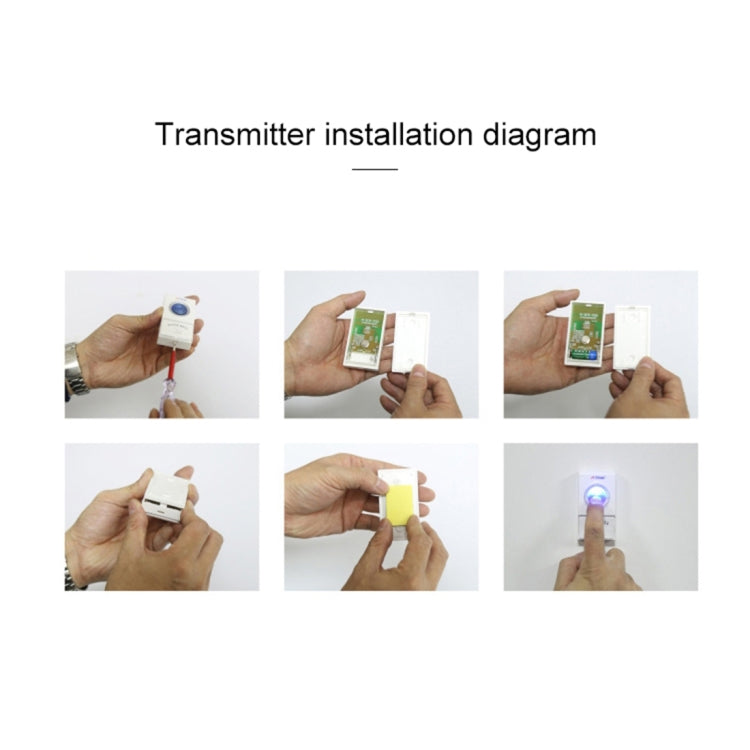 Wireless doorbell transmitter installation steps, hands holding remote and mounting