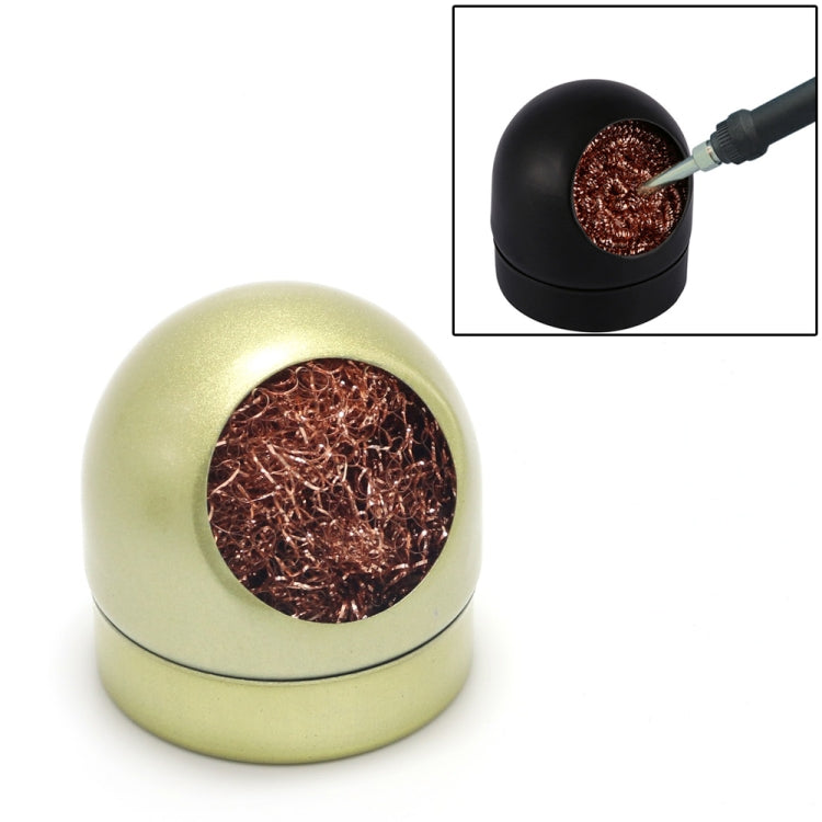 Yellow soldering iron nozzle cleaning ball holder with copper mesh insert