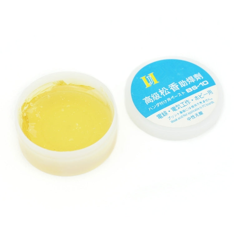 Open rosin flux container with yellow flux inside and small blue BS-10 lid