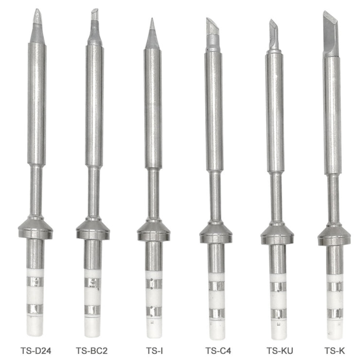 Soldering iron tips with varied tip shapes on metal shafts and white bases