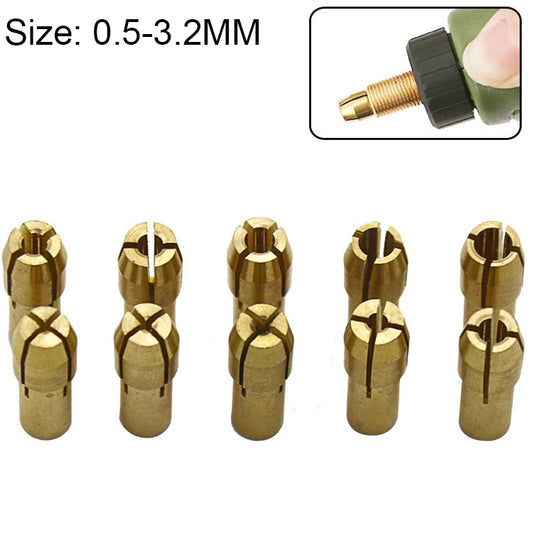 10 in 1 Three-claw Copper Clamp Nut for Electric Mill Fittings,Bore diameter: 0.5-3.2mm, Bore diameter: 0.5-3.2mm
