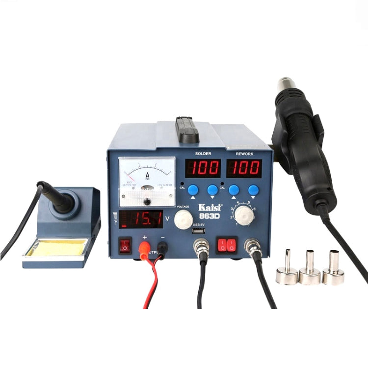 3-in-1 hot air rework station with solder iron stand, gun handle, and temperature displays