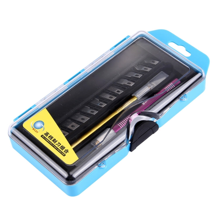 Carving knife kit opened in blue case showing multiple tips and two handled knives