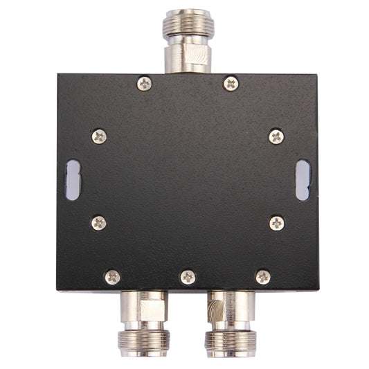 2-way RF power splitter adapter with mounting holes and N female connectors, black box