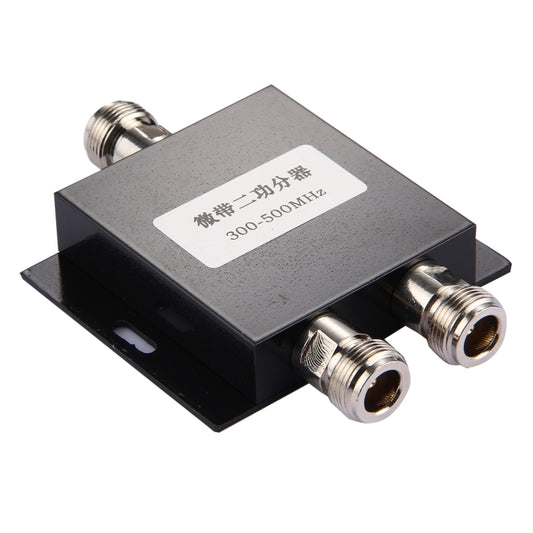 2-way RF power splitter adapter with N female connectors, black metal housing