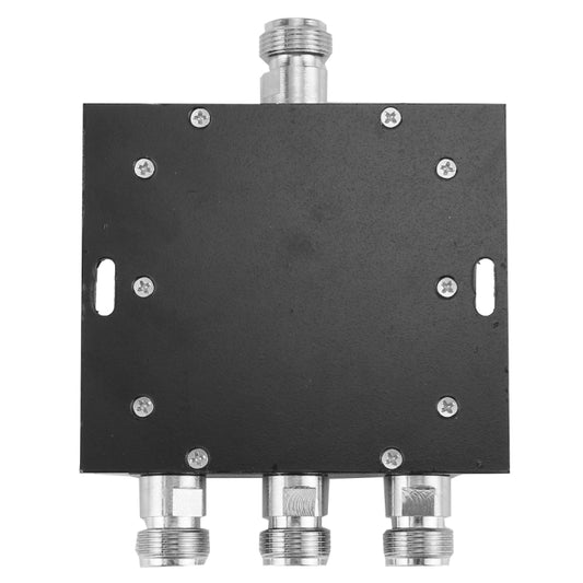 RF power splitter module with screw-mounted black plate and three coax outlets