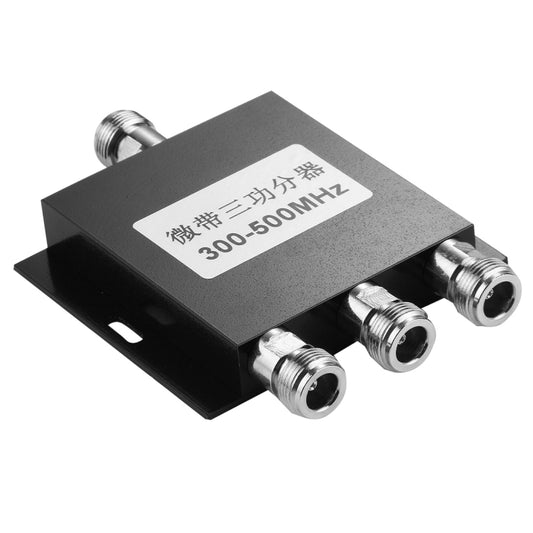 RF microstrip power splitter with black housing and three N-type coax ports