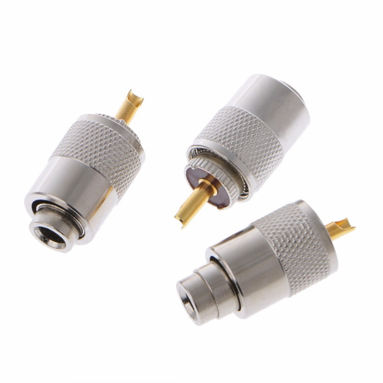 PL-259 UHF male solder plugs angled view with brass center pin and textured silver sleeve
