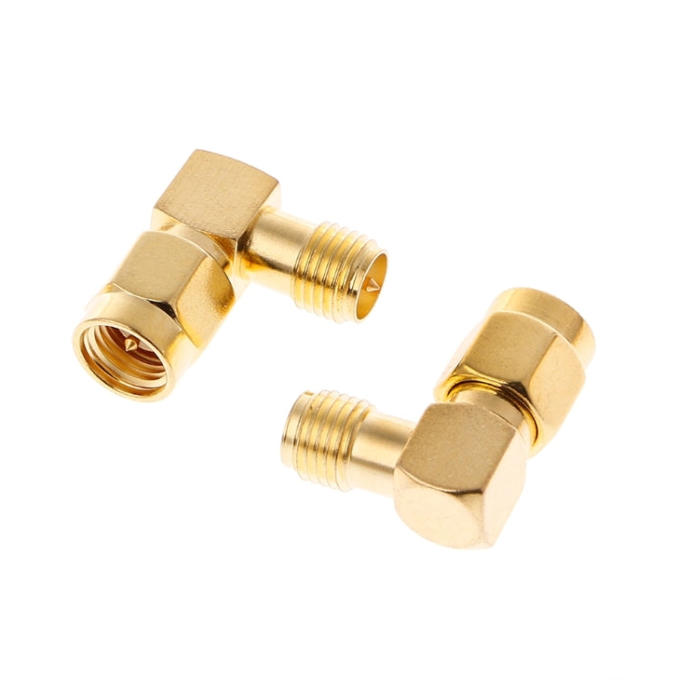 Pair of SMA male-female coax adapters with gold-tone metal housing and hex nuts