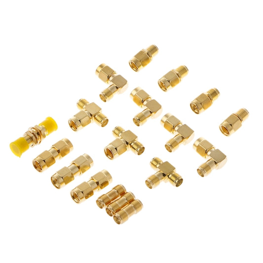 SMA male-female connector kit with 18 gold-tone coax adapters and yellow sealing rings