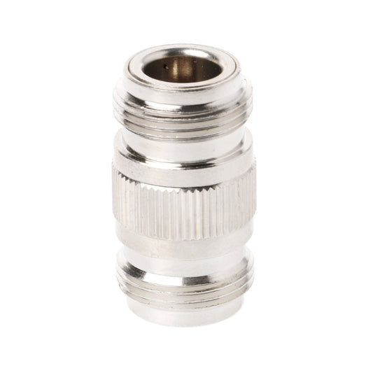 N-type double female coax coupler barrel connector end-on view