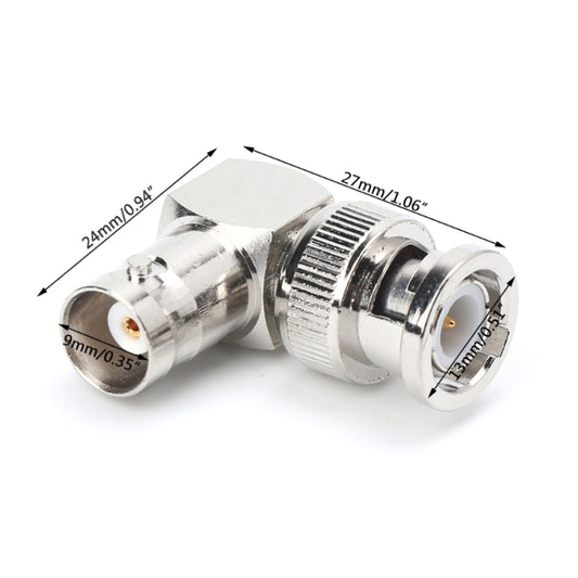 Right-angle BNC male to female RF connector with labeled size dimensions.