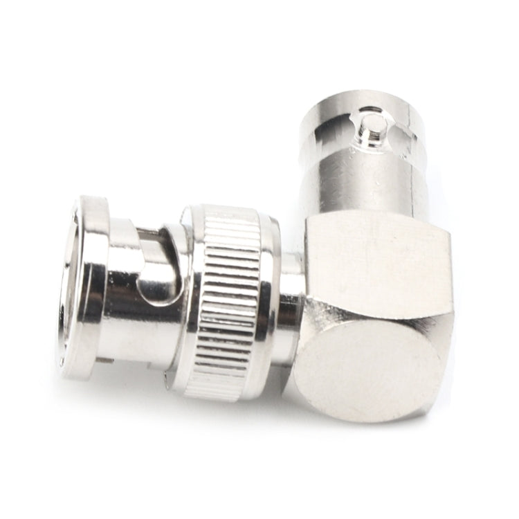 Right-angle BNC male to female metal body showing two BNC coupling ends and knurled sections.