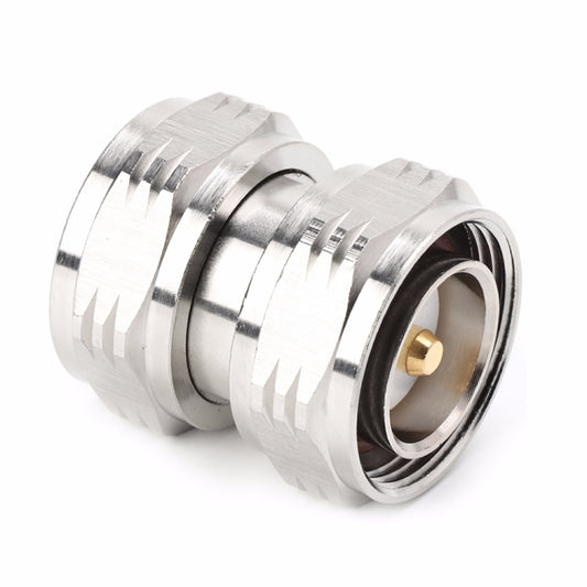 Silver 7/16 DIN male RF coaxial connector adapter, side view with gold center pin