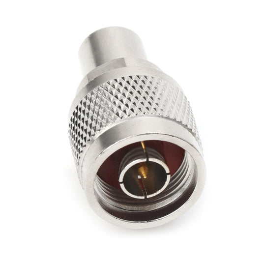RF coaxial adapter socket end, silver metal, knurled grip, center contact visible